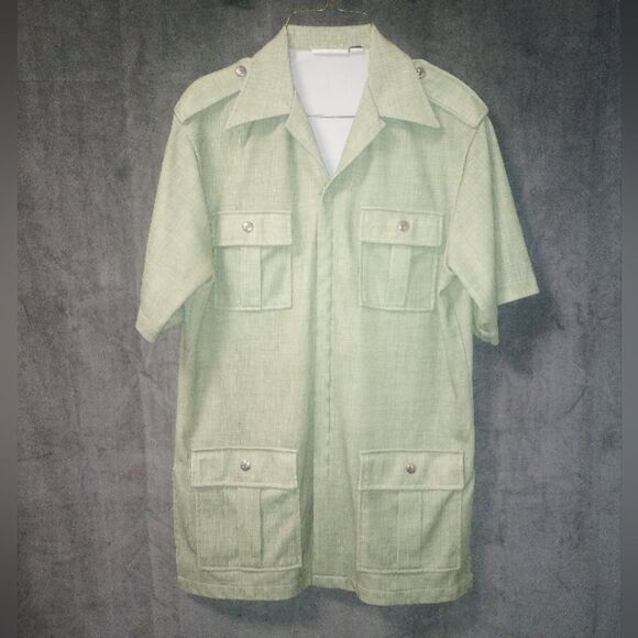 Vintage 70s Green Dagger Collar Zip Front Short Sleeve Shirt Size Medium P2P 22 - Picture 1 of 12